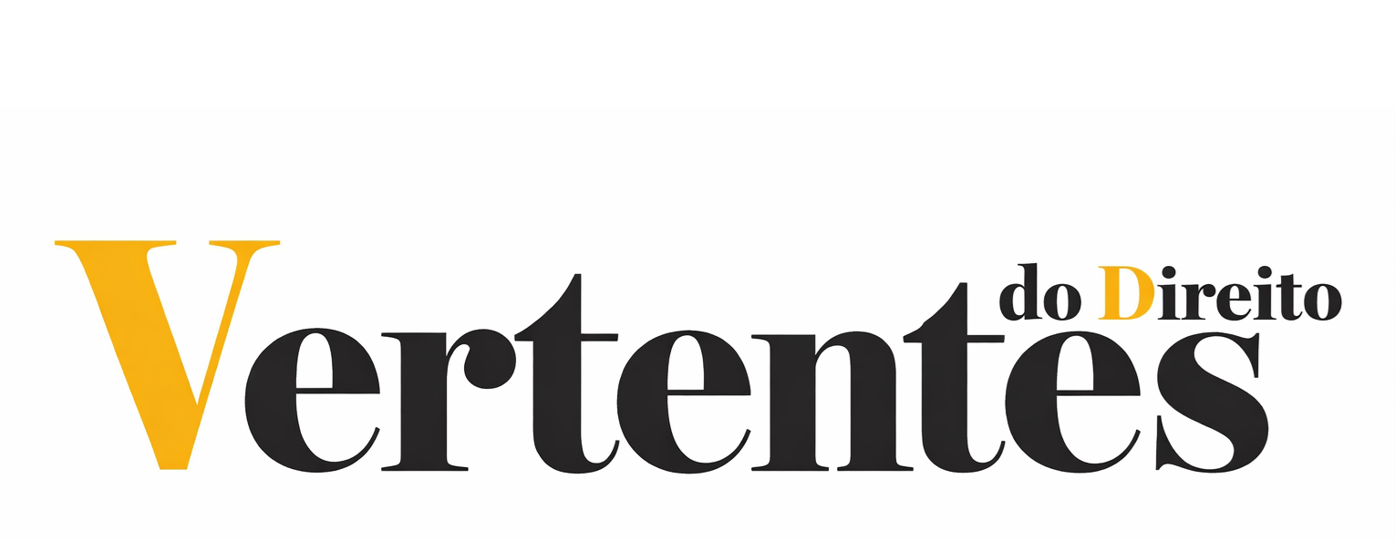 Logotipo com a inscrição “Vertentes do Direito”. A palavra “Vertentes” aparece em letras grandes e pretas, com a letra inicial “V” destacada em amarelo. Acima e à direita, em tamanho menor, está a expressão “do Direito”, sendo a letra “D” também em amarelo e o restante em preto. O fundo é branco, com detalhes decorativos em verde-água nos quatro cantos.