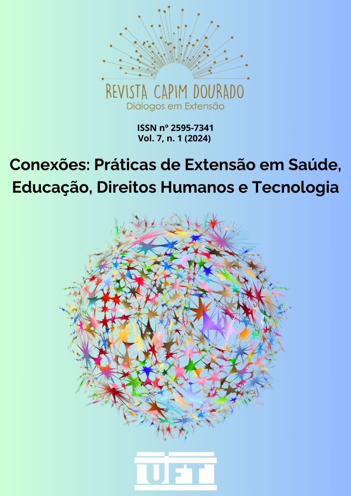 Capa de revista Capim Dourado: Diálogos em Extensão, edição com o tema "Conexões: Práticas de Extensão em Saúde, Educação, Direitos Humanos e Tecnologia.